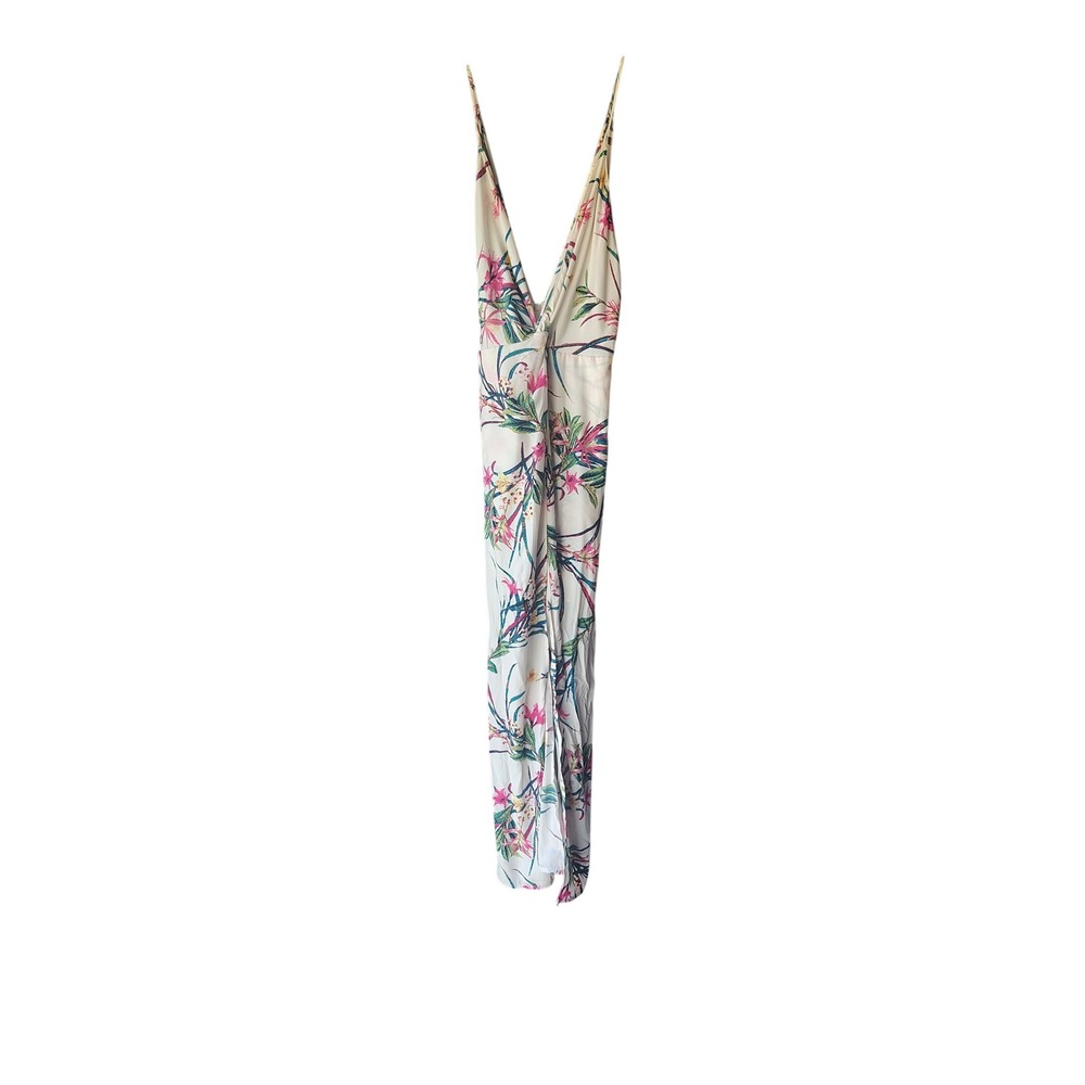 Lush‎ Women Floral Maxi Dress Cream Pink Tropical V-Neck Spaghetti Strap XS